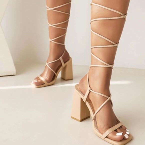 Lhamo Latso Lace Up Strappy Nude Block High Heels Square Open Toe Chunky Sandal - Picture 1 of 13